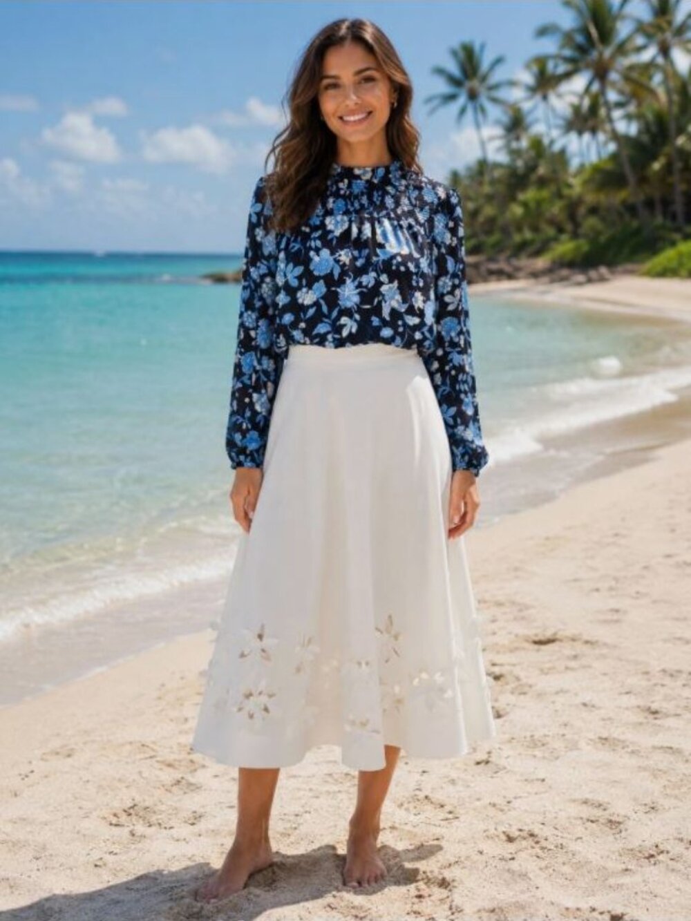 GRACIA White A-line Midi Skirt with Floral Appliqué Hem Side Zip Closure Sz XL
